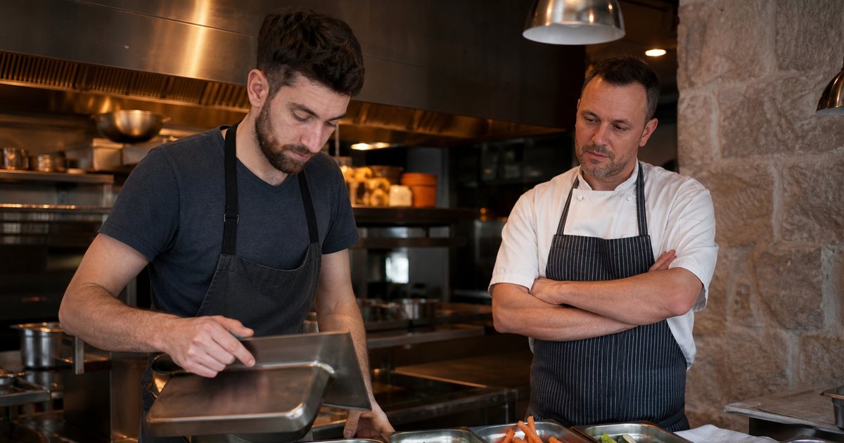 Line cook lifting the lid on an empty stainless hotel pan at a kitchen prep station with full pans of vegetables beside it, chef standing nearby with arms crossed, warm overhead lighting in a restaurant kitchen