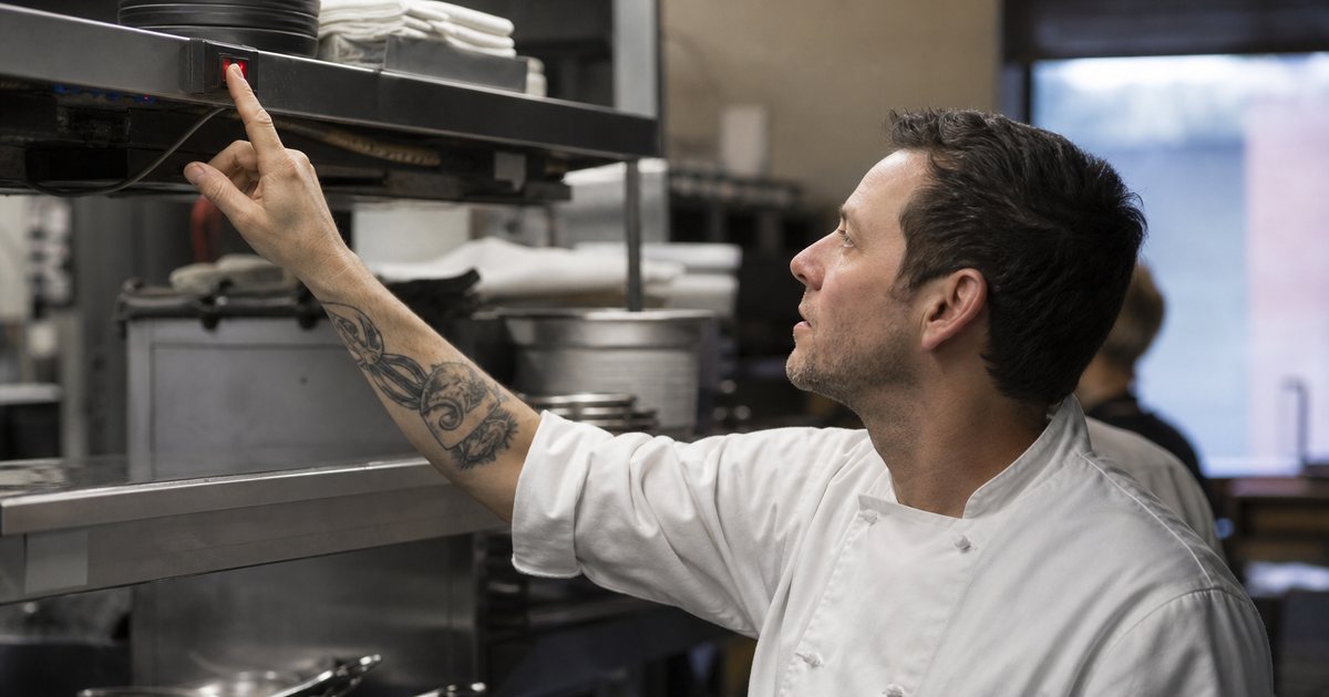 Line cook in a white chef coat reaching to press a button on a small bump bar mounted under a shelf at a hot line, pans on the range and a pass window behind, the display itself out of frame