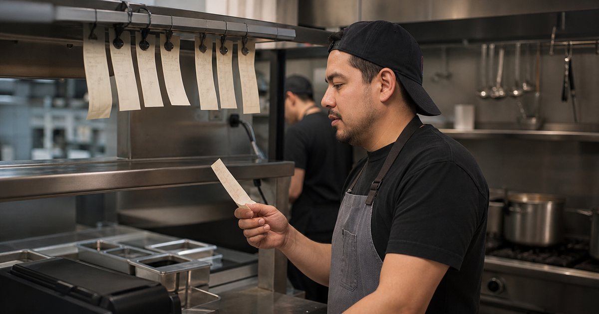Small restaurant kitchen with a ticket printer and a rail of paper tickets clipped above a stainless pass, a cook in a gray apron reading one ticket, pots on a range in the background
