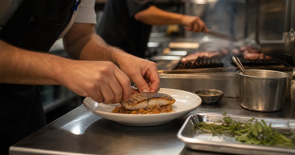 Close-up of a line cook's hands plating a seared fish fillet at a sauté station while a grill cook flips steaks in the background, warm kitchen lighting, stainless steel counters