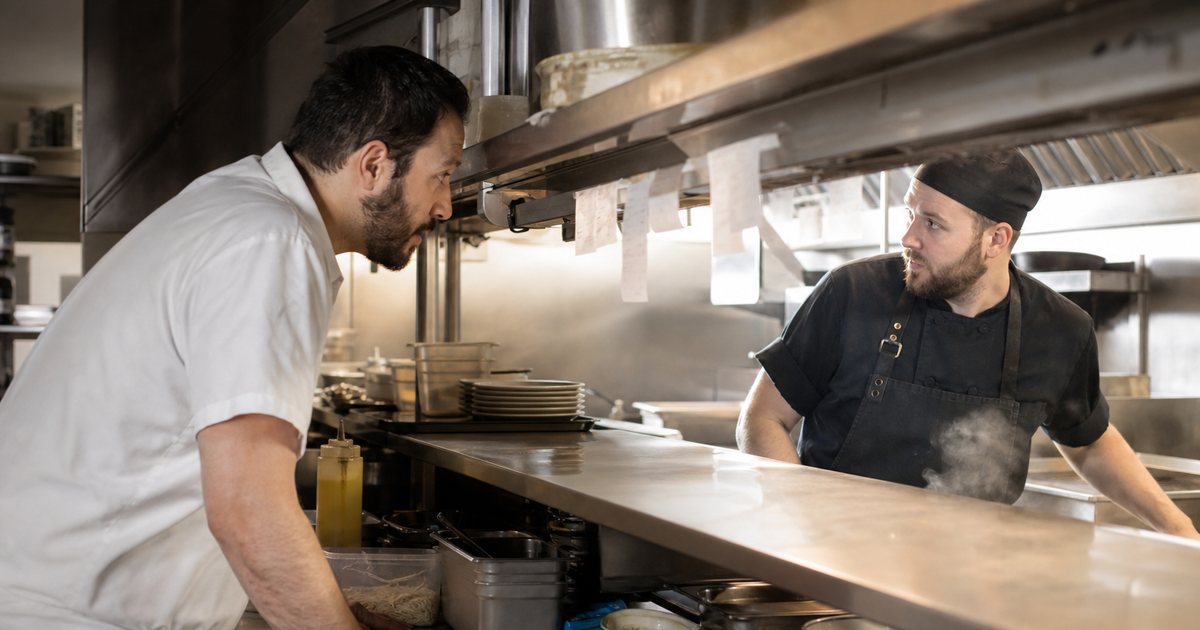 Expediter leaning over a stainless pass to talk to a line cook at a grill station, printer tickets hanging from a ticket rail, steam rising from pans in a busy restaurant kitchen
