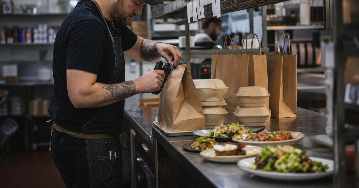 Restaurant kitchen pass with several paper bags and takeout containers lined up on one side and plated dinners on the other, a cook in a black cap stapling a bag closed, tickets on a rail above