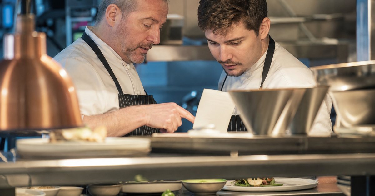 Experienced chef in a white coat standing beside a younger cook at a restaurant pass window, pointing at a printed ticket on the rail while the younger cook listens, plates and heat lamps in front of them